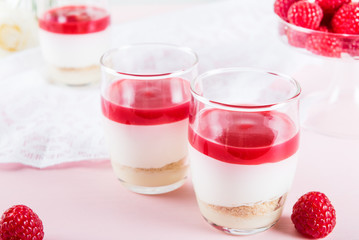 Raspberry dessert from whipped white chocolate mousse and raspbe