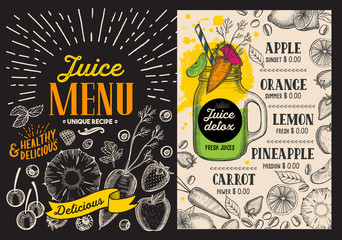 Juice smoothie menu for restaurant and cafe. Vector drink flyer. Design template with vintage hand-drawn illustrations.