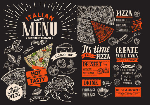 Pizza restaurant menu. Vector food flyer for bar and cafe on chalkboard background. Design template with vintage hand-drawn illustrations.
