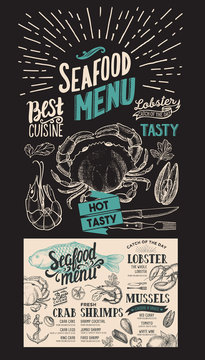 Seafood menu for restaurant. Vector food flyer for bar and cafe. Design template with vintage hand-drawn illustrations on blackboard background.