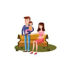 Young family with toddler walking in the park bench, landscape retro cartoon vector illustration