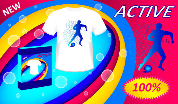 promotional product poster, washing powder,cleaning product. T-shirt with a picture of a soccer player on the abstract background
