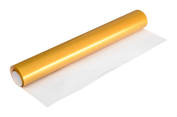 Golden sticker roll isolated on white background. Gift box paper. ( Clipping path )
