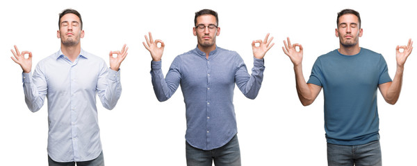 Handsome young man wearing different outfits relax and smiling with eyes closed doing meditation gesture with fingers. Yoga concept.