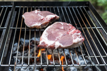 Raw T-bone chop of pork on the grill
