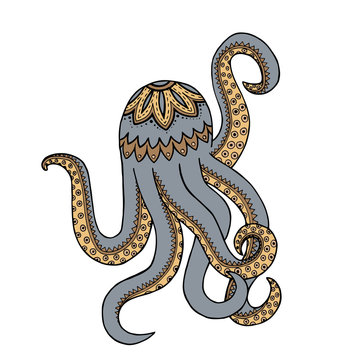 Purple octopus tangle pattern. Doodle water animals. Vector illustration.
