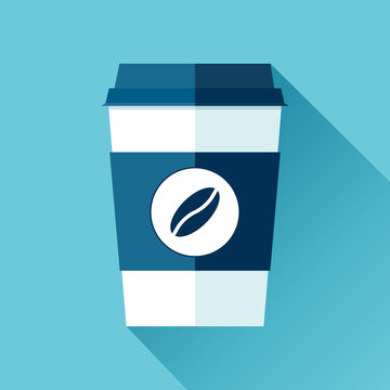 Coffee cup in flat style on blue background. Drink with you. Simple object. Vector design element for your business project