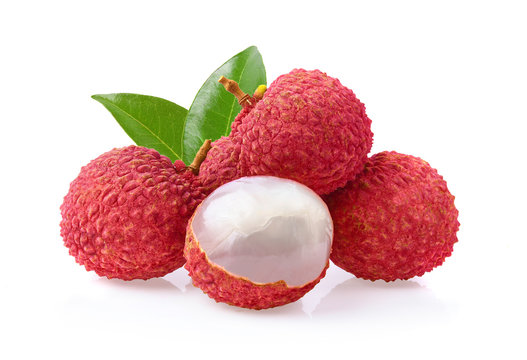 Lychee with leaves tropical fruit isolated on white background.