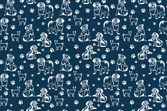 Seamless pattern of cute dogs and paws. Dogs are Havaneser, Basset hound, Chihuahua and pug