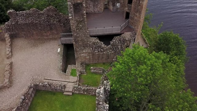 Urquhart Castle ruins - tower closeup and climb to top down view