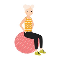 Happy girl sitting on gymnastic or balance ball and performing exercise isolated on white background