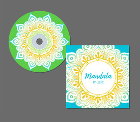 CD cover design template with floral mandala style. Arabic, indian, pakistan, asian motif. Vector illustration.