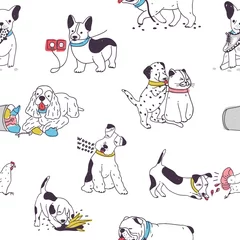 Foto op Plexiglas Honden Naadloos patroon met schattige honden die slechte gewoonten en gedrag vertonen. Achtergrond met ondeugende huisdieren, ondeugende huisdieren. Kleurrijke hand getrokken vectorillustratie voor inpakpapier, behang.