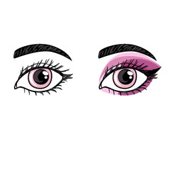 Vector Hand drawing female eye before and after makeup.