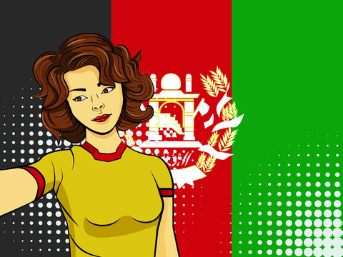 Asian woman taking selfie photo in front of national flag Afghanistan in pop art style illustration. Element of sport fan illustration for mobile and web apps