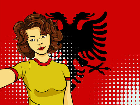 Asian woman taking selfie photo in front of national flag Albania in pop art style illustration. Element of sport fan illustration for mobile and web apps