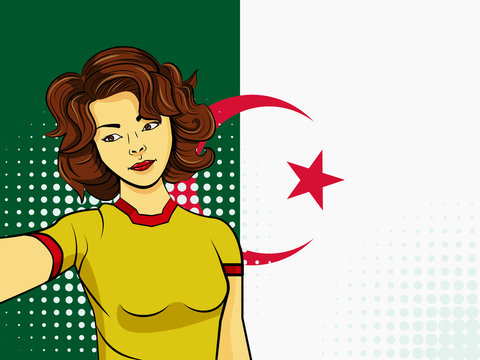 Asian woman taking selfie photo in front of national flag Algeria in pop art style illustration. Element of sport fan illustration for mobile and web apps