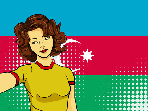 Asian woman taking selfie photo in front of national flag Azerbaijan in pop art style illustration. Element of sport fan illustration for mobile and web apps