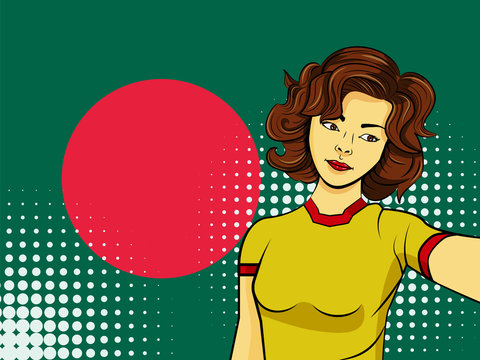Asian woman taking selfie photo in front of national flag Bangladesh in pop art style illustration. Element of sport fan illustration for mobile and web apps
