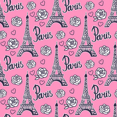 Seamless pattern Paris Eiffel Tower. Modern Bright design for girls. Vector illustration is isolated on pink background. - 211910664