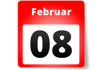 08 Februar Datum Kalender auf weißem Hintergrund