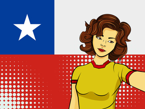 Asian woman taking selfie photo in front of national flag Chile in pop art style illustration. Element of sport fan illustration for mobile and web apps