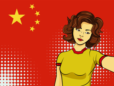 Asian woman taking selfie photo in front of national flag China in pop art style illustration. Element of sport fan illustration for mobile and web apps