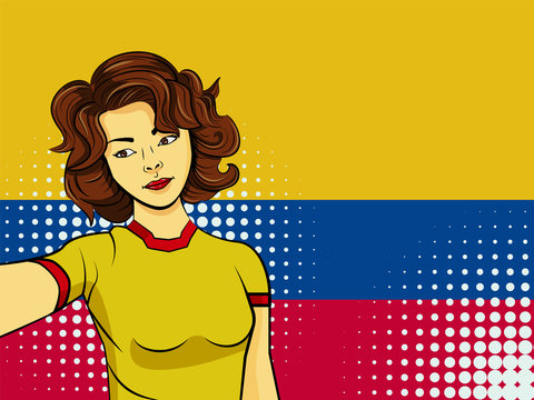 Asian woman taking selfie photo in front of national flag Colombia in pop art style illustration. Element of sport fan illustration for mobile and web apps