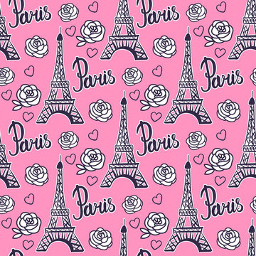Seamless pattern Paris Eiffel Tower. Modern Bright design for girls. Vector illustration is isolated on pink background.