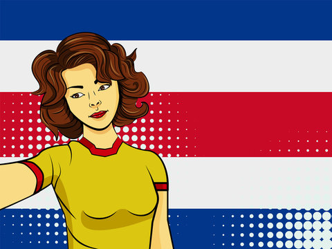 Asian woman taking selfie photo in front of national flag Costa Rica in pop art style illustration. Element of sport fan illustration for mobile and web apps