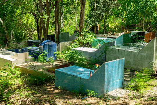 Outdoor Graveyard in the Forest. Scary and Ancient Gravesite in the Mountain.