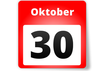 30 Oktober Datum Kalender auf weißem Hintergrund