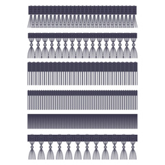 Fringe edge with brush and tassel trim vector flat set of seamless borders isolated on a white background.