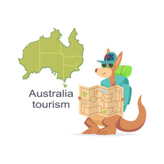 Australia tourism concept design. Kangaroo with map and backpack vector cartoon illustration isolated on white background.