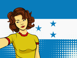 Asian woman taking selfie photo in front of national flag Honduras in pop art style illustration. Element of sport fan illustration for mobile and web apps