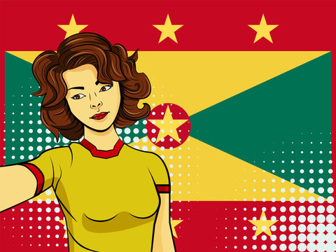Asian woman taking selfie photo in front of national flag Grenada in pop art style illustration. Element of sport fan illustration for mobile and web apps