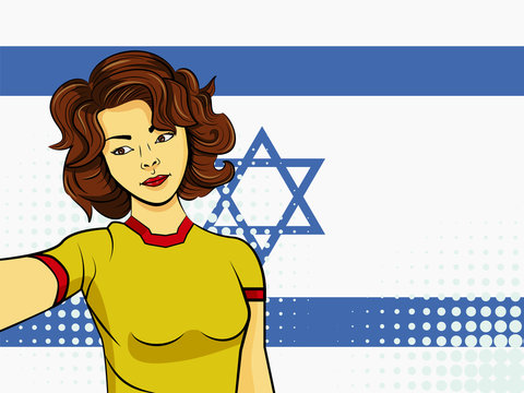 Asian woman taking selfie photo in front of national flag Israel in pop art style illustration. Element of sport fan illustration for mobile and web apps