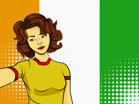 Asian woman taking selfie photo in front of national flag Ivory Coast in pop art style illustration. Element of sport fan illustration for mobile and web apps