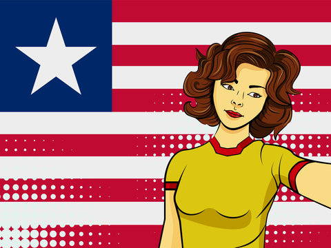 Asian woman taking selfie photo in front of national flag Liberia in pop art style illustration. Element of sport fan illustration for mobile and web apps