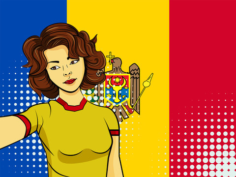 Asian woman taking selfie photo in front of national flag Moldova in pop art style illustration. Element of sport fan illustration for mobile and web apps