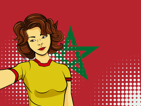 Asian woman taking selfie photo in front of national flag Morocco in pop art style illustration. Element of sport fan illustration for mobile and web apps