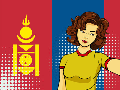 Asian woman taking selfie photo in front of national flag Mongolia in pop art style illustration. Element of sport fan illustration for mobile and web apps