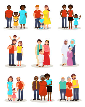Happy families of different nationalities from different countries set, parents and their children in national and casual clothes stanfing together vector Illustrations