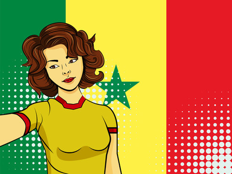 Asian woman taking selfie photo in front of national flag Senegal in pop art style illustration. Element of sport fan illustration for mobile and web apps