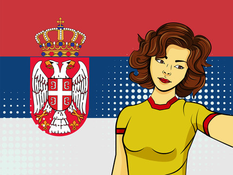Asian woman taking selfie photo in front of national flag Serbia in pop art style illustration. Element of sport fan illustration for mobile and web apps