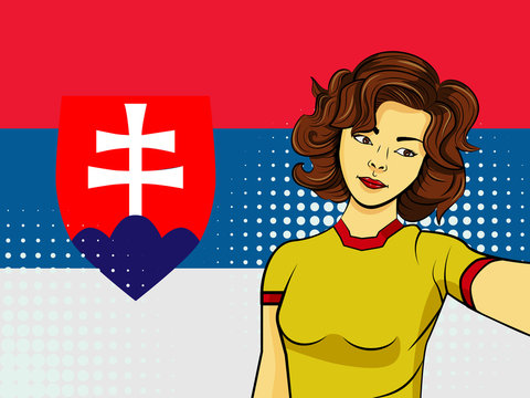 Asian woman taking selfie photo in front of national flag Slovakia in pop art style illustration. Element of sport fan illustration for mobile and web apps