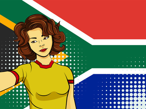 Asian woman taking selfie photo in front of national flag South Africa in pop art style illustration. Element of sport fan illustration for mobile and web apps