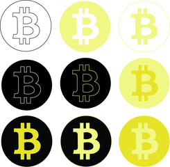Vector design of nine different logos representing bitcoin crypto-currency