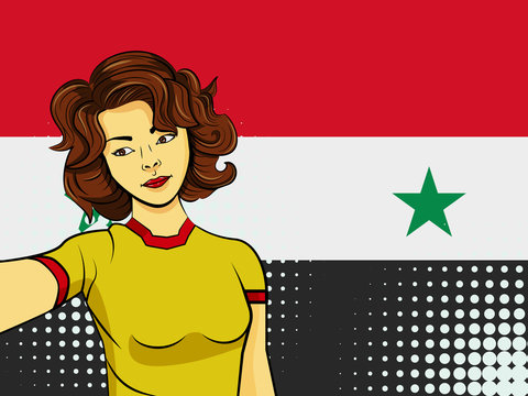 Asian woman taking selfie photo in front of national flag Syria in pop art style illustration. Element of sport fan illustration for mobile and web apps