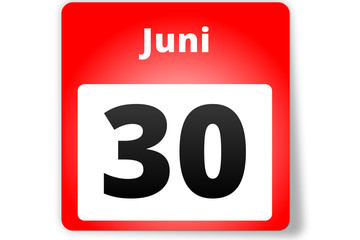 30 Juni Datum Kalender auf weißem Hintergrund